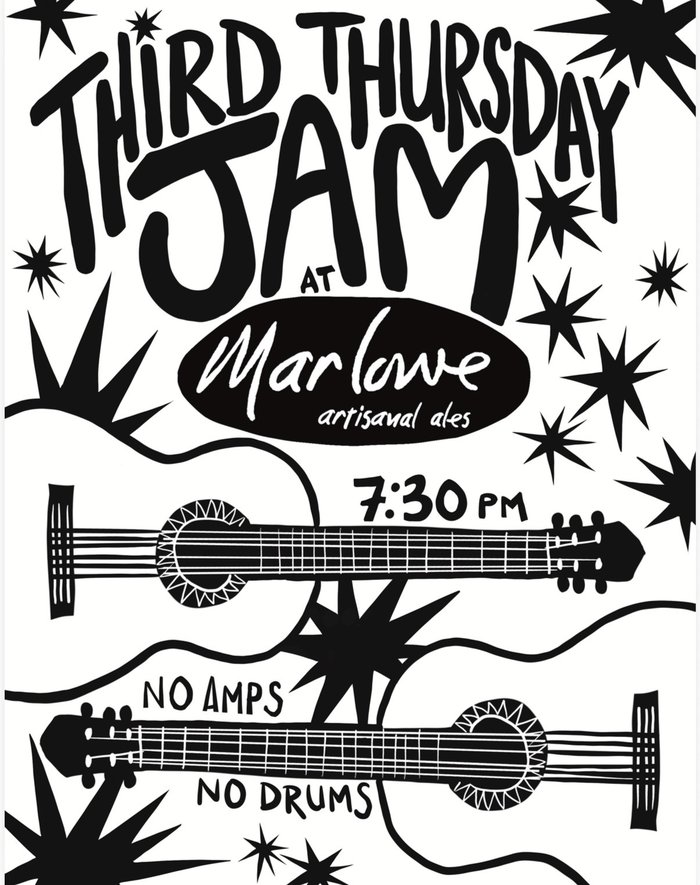 Hand-drawn flyer: Third Thursday Jam at Marlowe Artisanal Ales, 7:30 PM, no amps, no drums