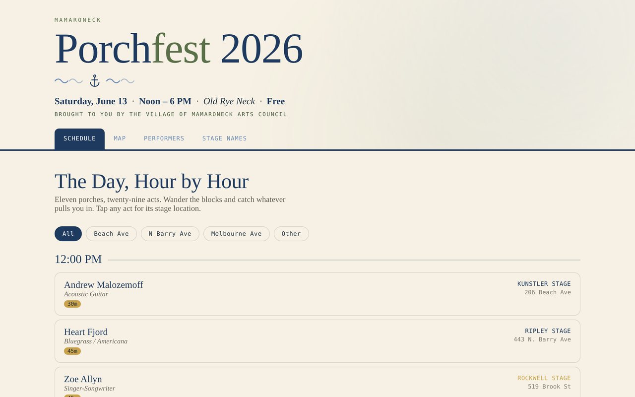 The 2026 Porchfest site: Saturday, June 13, noon to 6 PM in Old Rye Neck, with the day's schedule