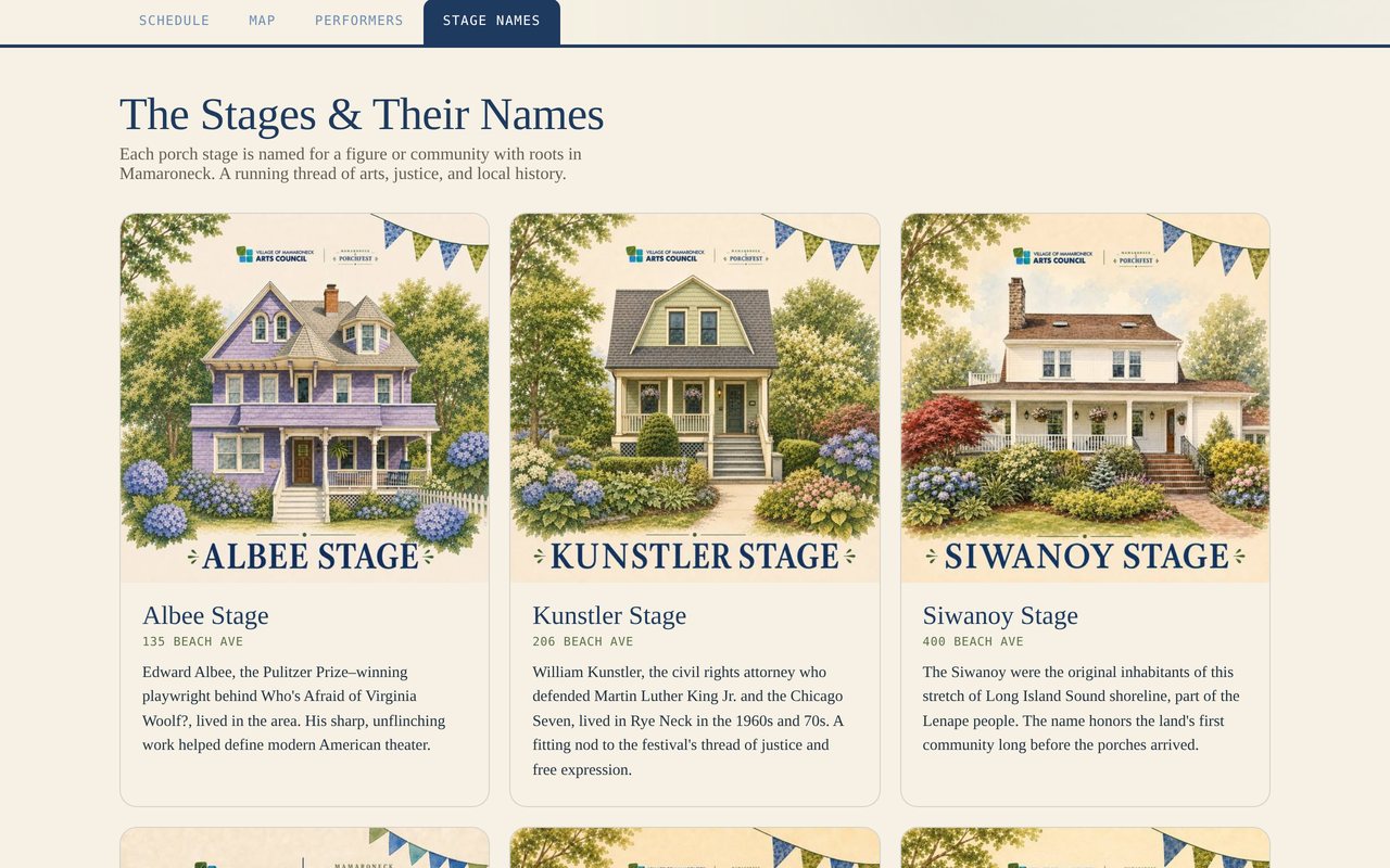 The 2026 Porchfest stages, each porch illustrated and named for a figure from Mamaroneck history
